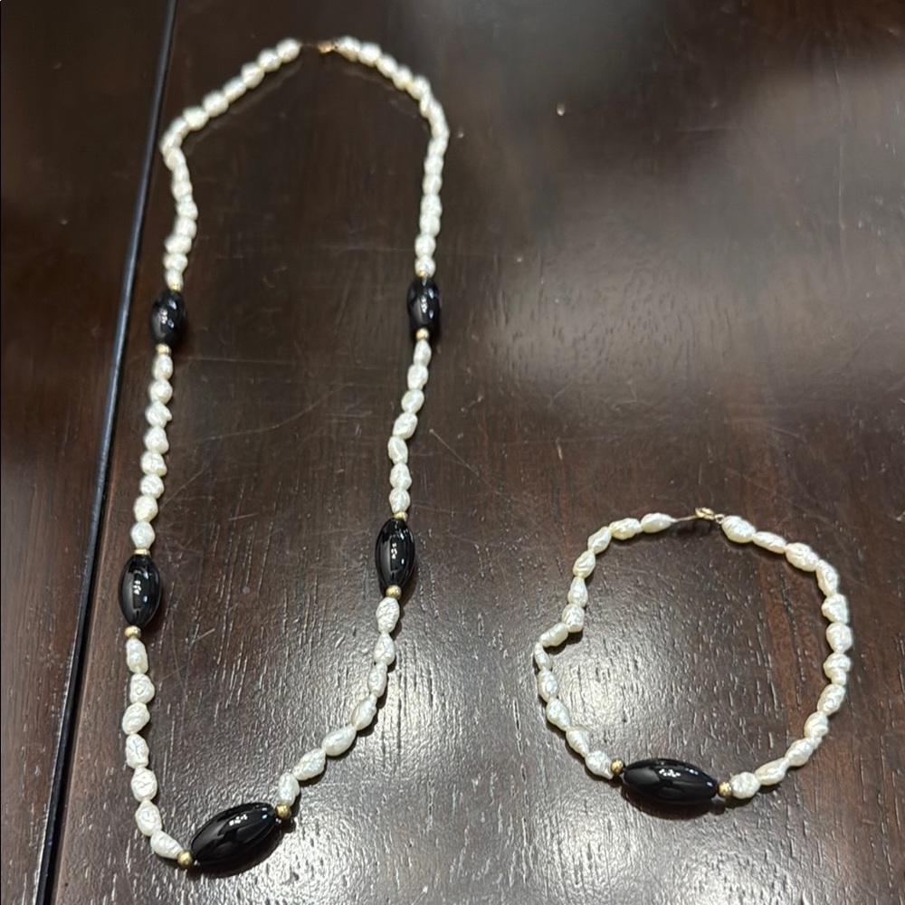 Vintage Rice Pearls with Black Onyx and 14 Gold